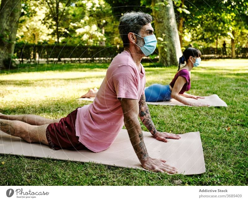 Couple doing yoga in Cobra pose in park couple cobra pose mask coronavirus together tranquil flexible relax relationship green harmony outbreak summer wellness
