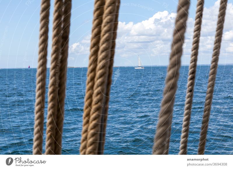 Rigging in front of sailboats on the horizon Ocean Lake Water Blue Sky Horizon Clouds Vacation & Travel Calm Deserted Colour photo Waves Exterior shot Freedom