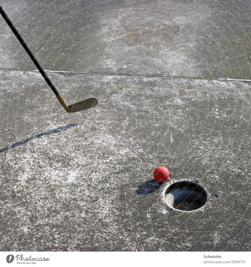 Aim of the game Leisure and hobbies Playing Mini golf Stone Concrete Sphere Gray Red Sports Golf club Bat sports Ball Hollow Beat Confine Blow Mini golfclub