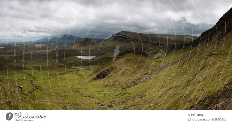 View over the hills of Quiraing on the Isle of Skye Panorama (View) Contrast Shadow Light Day Deserted Scotland Colour photo Exterior shot Quiarang Open Green