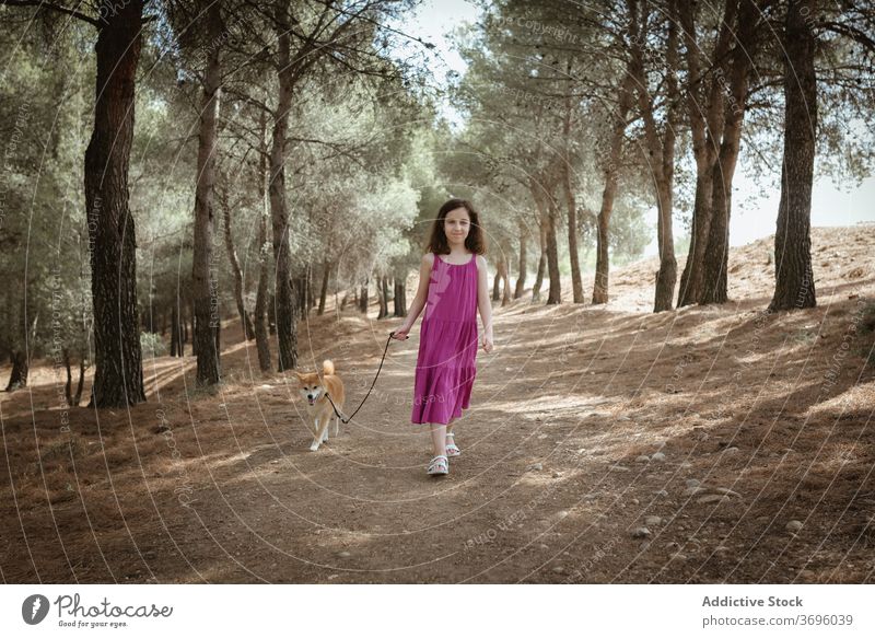 Girl with dog standing in forest girl together kid summer pet nature friend obedient child colorful happy leash animal canine adorable woods holiday environment