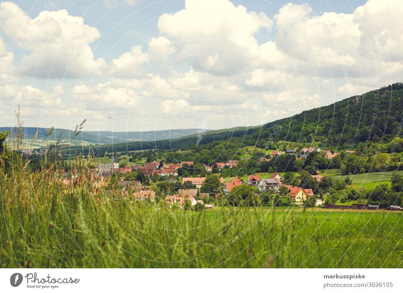Leutenbach in Franconian Switzerland Upper Franconia Bavaria Village vacation Hiking Hill Slope mountains Meadow Meadow flower Summer Summer vacation Summery