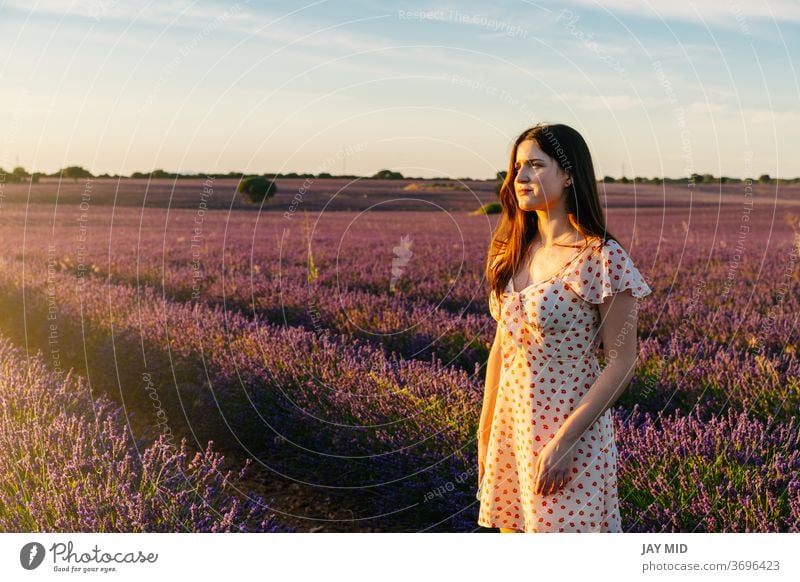 woman in a dress walks through a field of blooming lavenders, during sunset. During the summer holidays beautiful nature flower natural walking freedom spain
