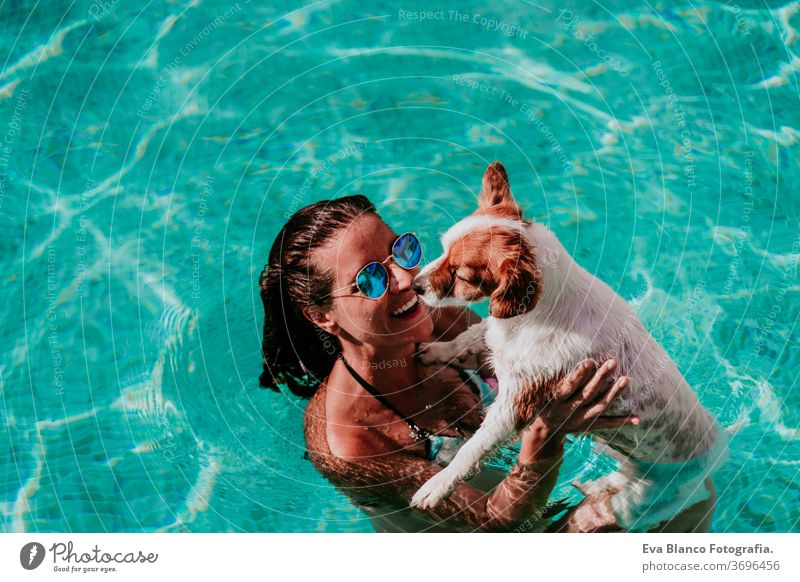happy young woman and dog in a pool having fun. Summer time swimming pool blue water summer time love jack russell hat together togetherness kiss purebred