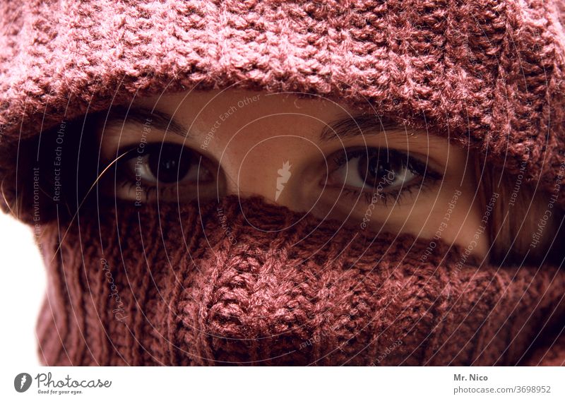 winter fashion Woman Eyes Cloth Looking Gaze Masked Cover Looking into the camera Mysterious Hide Wrap up warm Cap Scarf Protection Winter portrait Face Eyebrow