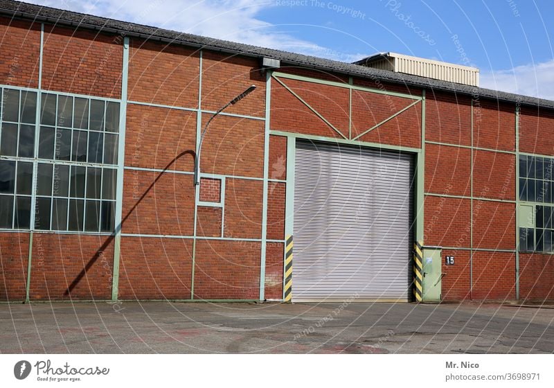 factory hall Industry Hall built Warehouse Architecture Factory Facade warehouse Manmade structures Goal Rolling door Window Stock of merchandise