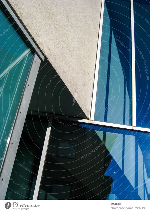 façade Facade Window Glass Modern Reflection Line Metal Concrete Blue Perspective Irritation differently Architecture Manmade structures Light Shadow Contrast
