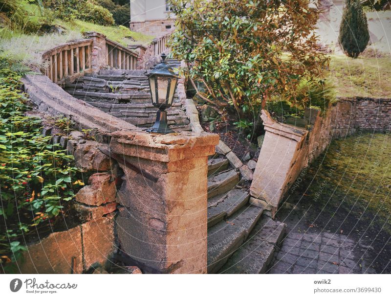 Natural Stairs Banister Stone Old Historic Subdued colour Colour photo Tourist Attraction Deserted Sunlight Long shot Park distinguished Grand Palace Villa