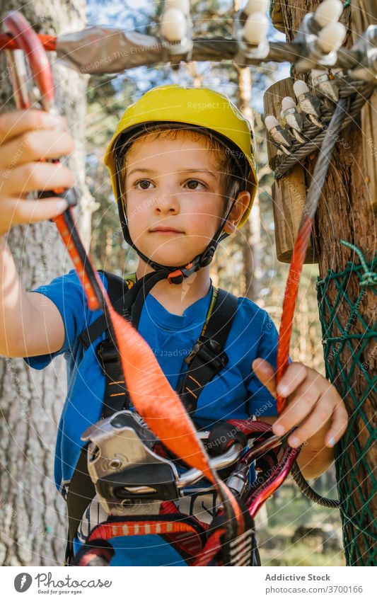 Cute boy in adventure park equipment carabine safety harness entertain having fun weekend summer rope protect helmet extreme activity hobby active nature modern