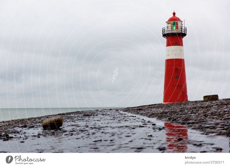 Lighthouse in Westkapelle, Netherlands, in rainy weather in the evening. North Sea Coast Ocean Clouds Stone Illuminate signal light beacons Authentic Water Rain