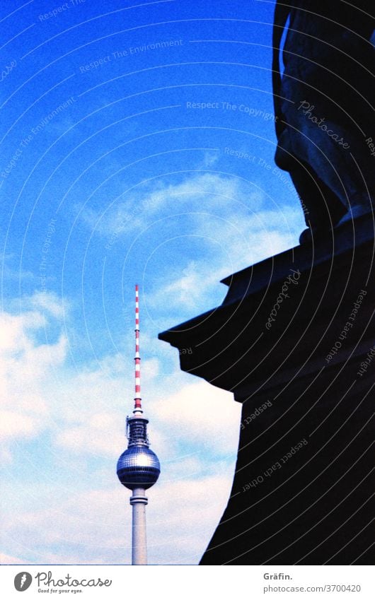 Berlin television tower views Landmark Television tower Sightseeing Tourist Attraction Capital city Vantage point Blue sky Analog film photography Architecture