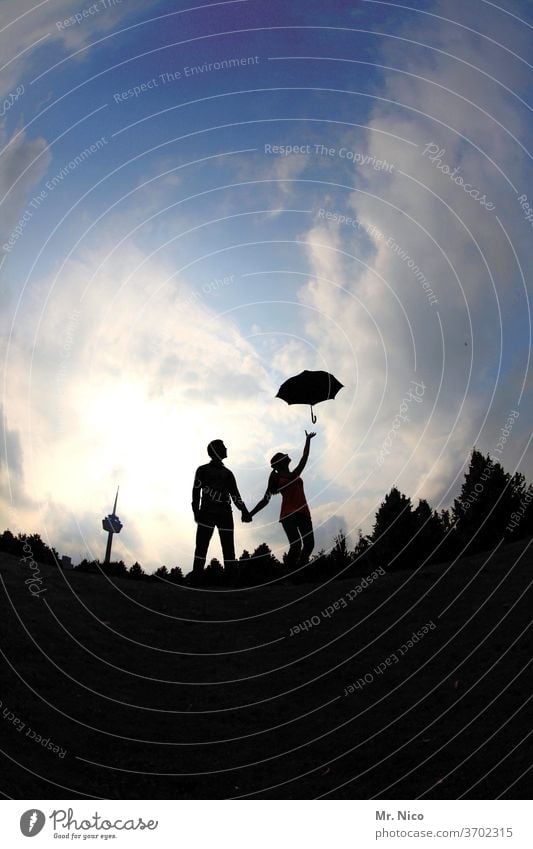 Mary Poppins & Bert Couple Umbrella Silhouette Sky Clouds Hold hands Television tower Departure Love Together Lovers luck Relationship Trust Harmonious Related