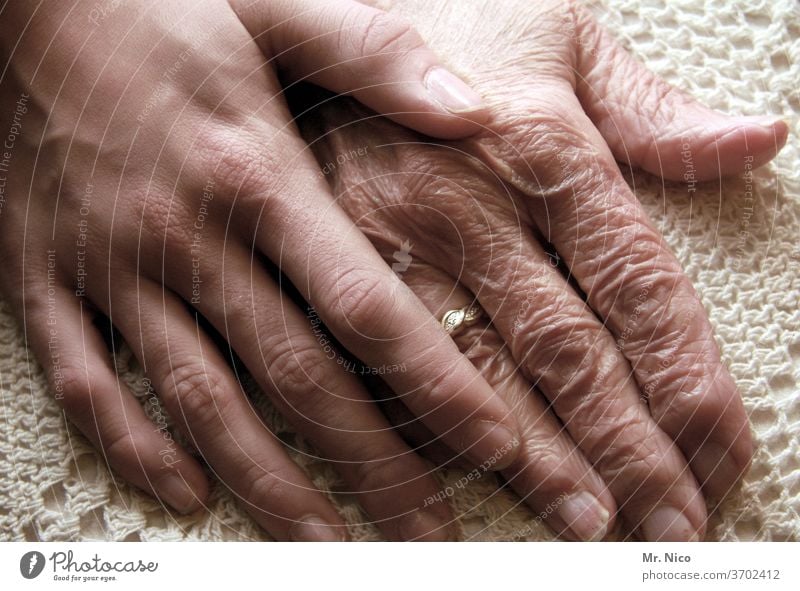 Opposites I Old and young hands by hand Fingers Trust youthful Touch Emotions Skin Life Wisdom Wrinkle Age Warmth Authentic Joie de vivre (Vitality) Safety