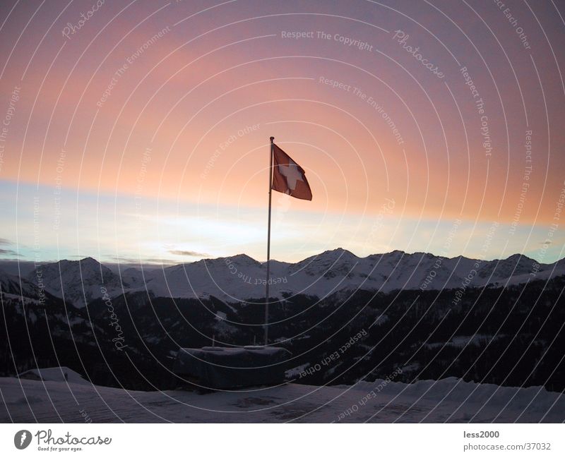 beautiful Switzerland Sunrise Morning Canton Graubünden Flag Back Dawn Mountain