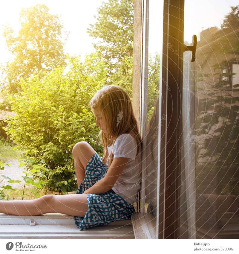room with a view Human being Child Girl 1 8 - 13 years Infancy Window Playing Calm Window board Looking Garden View from a window Dress Rock music Summery