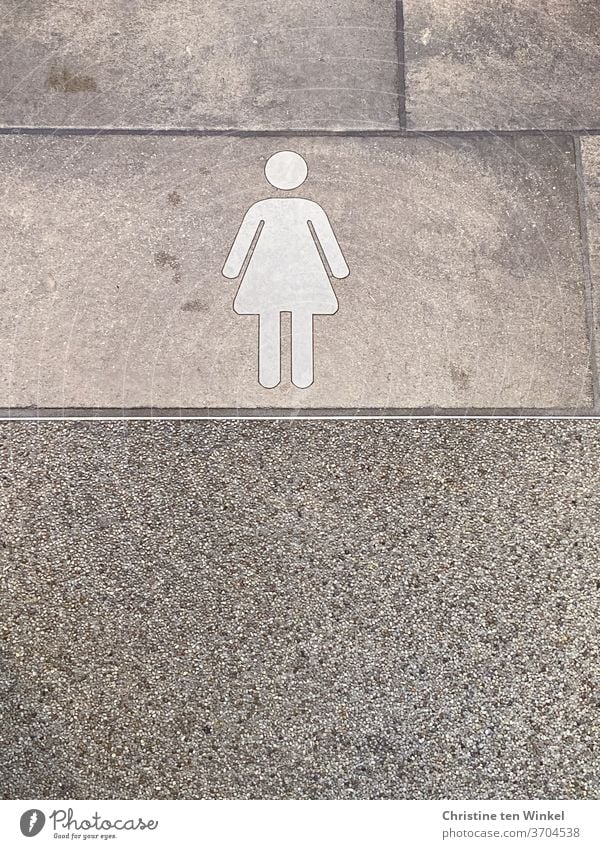 Pictogram woman / girl on gray tiles Woman Girl Signs and labeling Signage Colour photo Tile Interior shot Toilet floor Characters feminine Human being