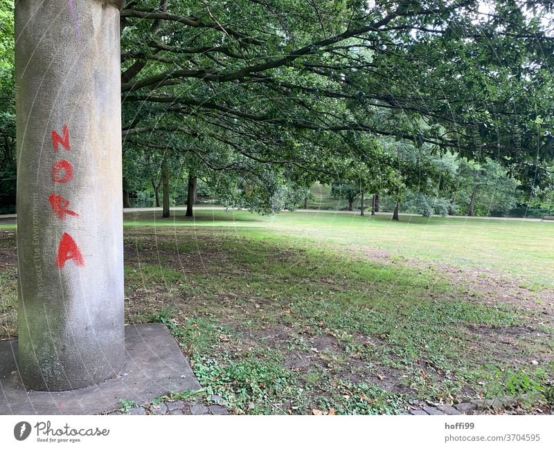 Nora lettering on column in park Red Column Park Spring red writing Garden Nature Plant Letters (alphabet) Green