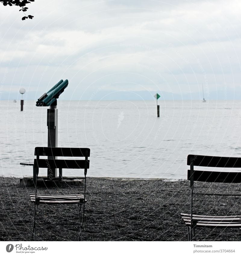 View, chairs and other aids Lake Constance Water Horizon Sky Clouds Blue White Seating boat Pole clues grit Harbour telescope Exterior shot