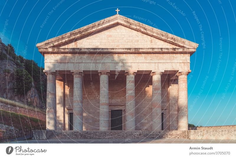 old greek temple in corfu with clear blue sky ionian island church ancient greece historic pillar summer cross christianity architecture travel landmark tourism