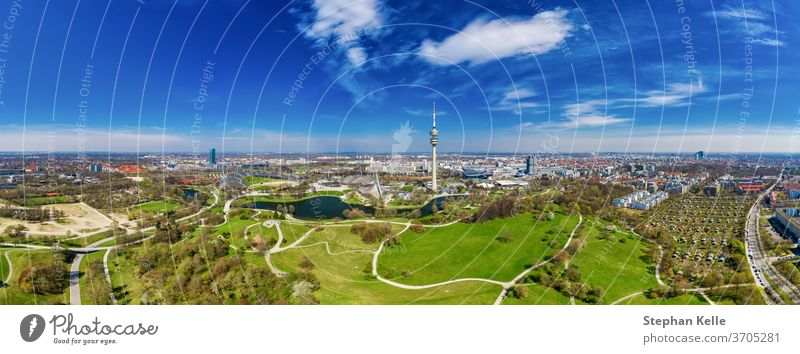 Munich from above with a beautiful view over a popular park, panoramic clear view at spring. aerial Park Tower panorama beauty summer total blue sky cloud green