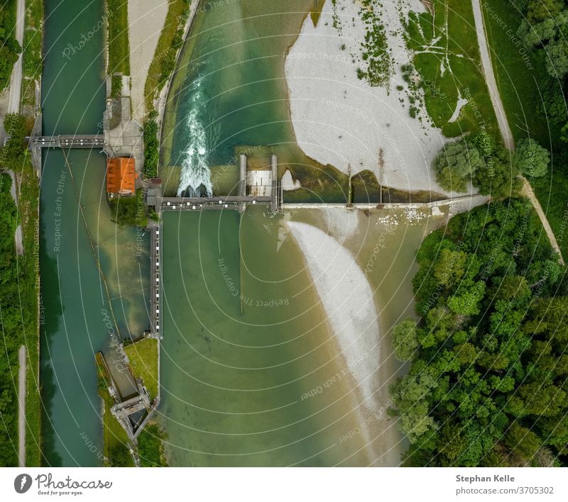 Vertical view at the Isar river and a weir. dam tree aerial beautiful bavaria landscape water isar flow movement travel country drone technology top amazing