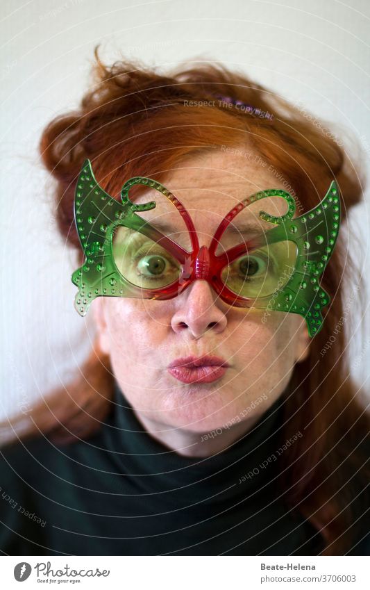 Home-Fasching carnival Woman Eyeglasses cladding madness Wacky pout Butterfly Home Office Human being Online celebration hair hairstyle Red-haired coronavirus