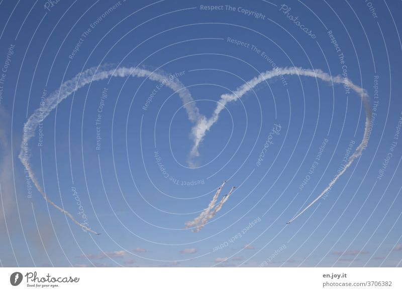 Love for all Heart Romance air show Aircraft Vapor trail Sky Blue Beautiful weather Aviation Flying Airplane Freedom Vacation & Travel Worm's-eye view
