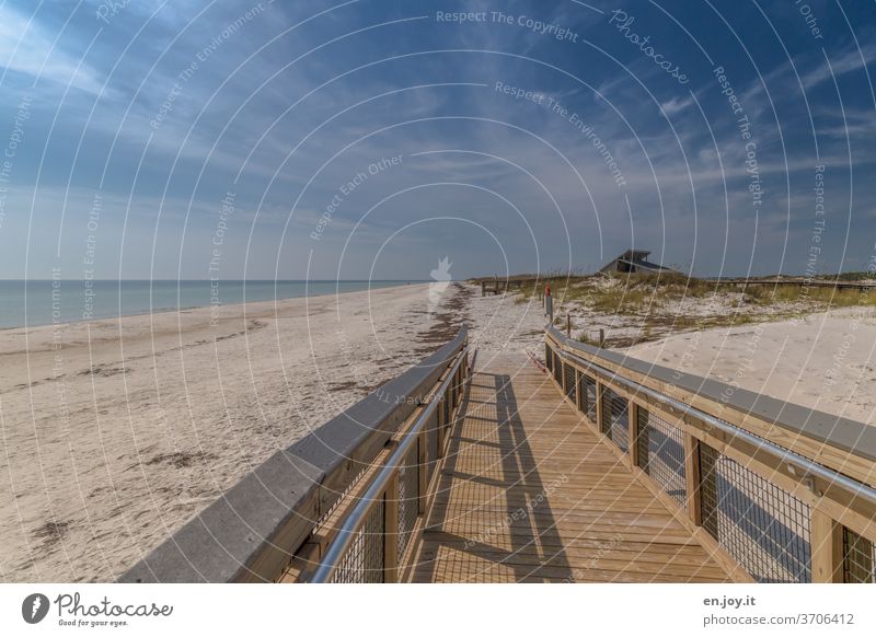 Quiet on the beach Beach Woodway boardwalk barrier-free Empty Sand Ocean Florida USA Americas North America vacation voyage tranquillity Wide angle Sky Horizon