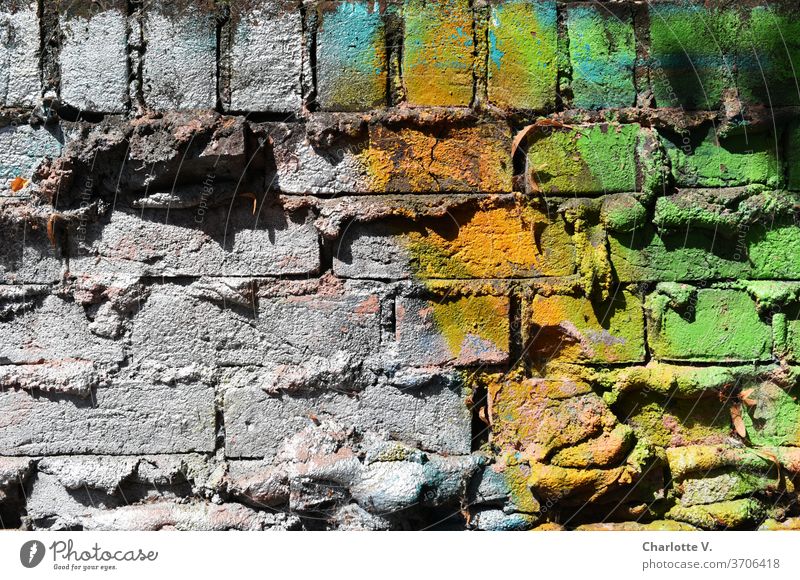 contrasts | grey vs. colourful | colourful sprayed wall Wall (building) variegated Gray colored wall Wall (barrier) masonry Colour photo Exterior shot putty