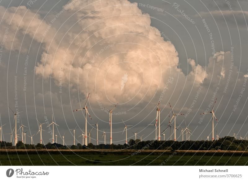 Wind farm in front of towering clouds Wind energy plant Pinwheel wind farm windmills Clouds Energy Energy industry vigorous Nature ecology stream