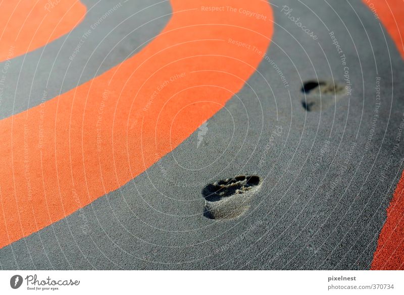Tracks in the track Athletic Sports Track and Field Racecourse Sand Footprint Stripe Going Walking Running Sustainability Orange Red Black Authentic Movement
