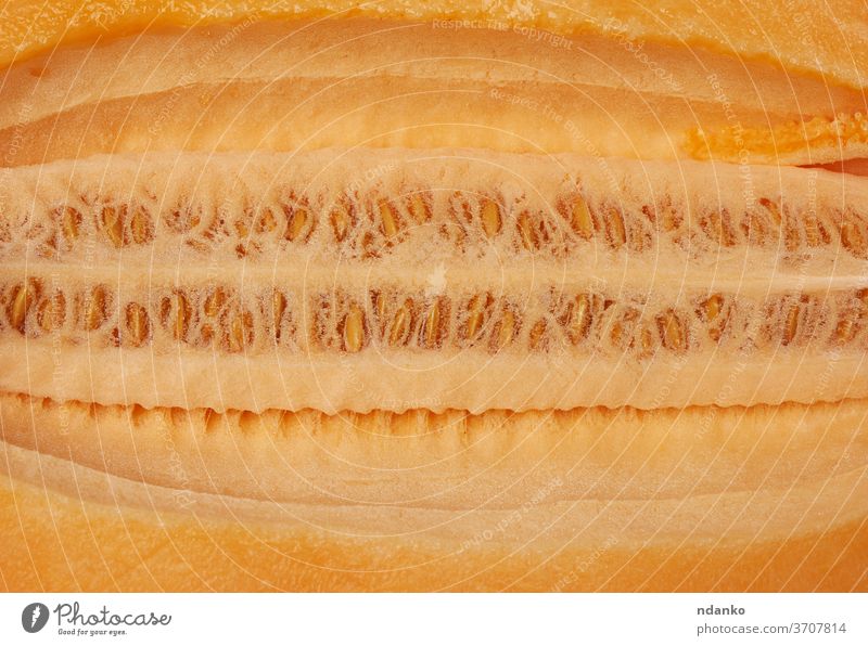 texture of orange melon pulp with seeds, full frame cantaloupe closeup cut dessert diet food fresh fruit half healthy juice juicy nobody nutrition one piece raw