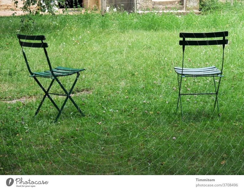 Would you like to take a break? Chair Garden chair two Grass Meadow green built Exterior shot Seating Summer Deserted Outdoor furniture Relaxation Free Break
