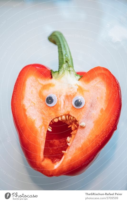 Pepperoni with face Chili Red Vegetable wobbly eyes Teeth Healthy Eating Mouth Scare feed sb./sth. pepperoni