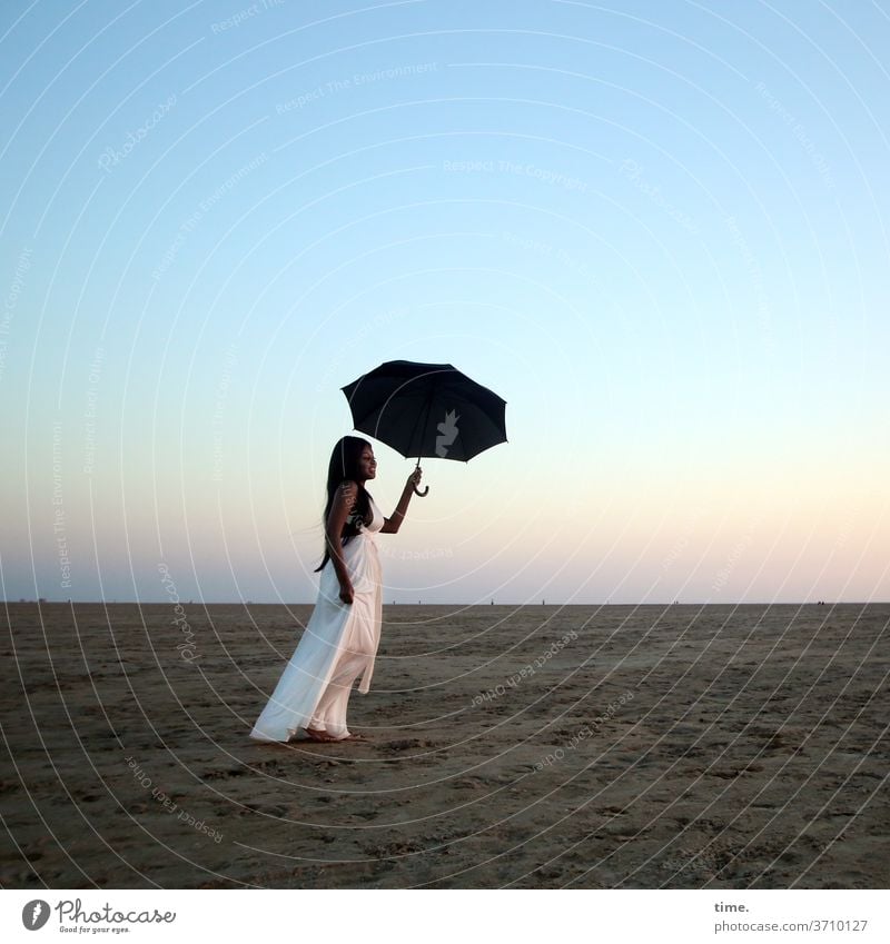 arabella Woman Dress Umbrellas & Shades coast Sky Evening Room wide To enjoy Stand recover Beach Sand Horizon Long-haired Dark-haired evening light Wanderlust