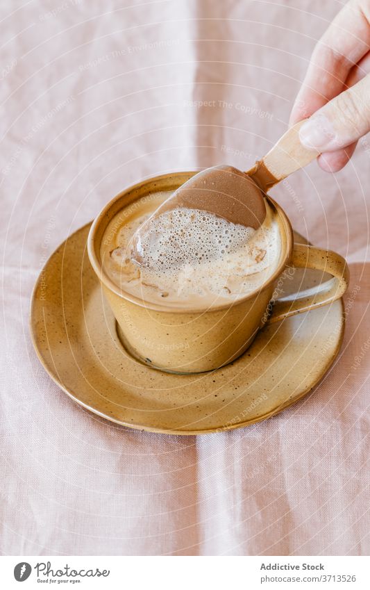 Cup of coffee with ice cream cup cold sweet dessert aromatic food drink delicious popsicle tasty melt stick beverage refreshment flavor yummy gourmet serve