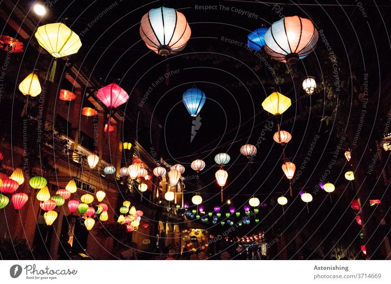 Lanterns in Hoi An, Vietnam Lampion lampions Night Light variegated Many Colour photo Exterior shot Multicoloured Lighting Red Yellow conceit Blue Evening