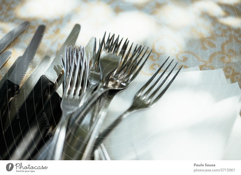 Forks and knives on a table Knives Table Dinner Event Colour photo Cutlery Restaurant Style Banquet Plate Studio shot Design Nutrition Close-up