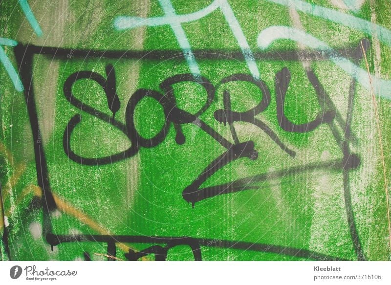 The word "SORRY" sprayed as graffiti framed in black on a green metal wall Graffiti sorry Apology Characters Exterior shot Emotions sheet metal black writing
