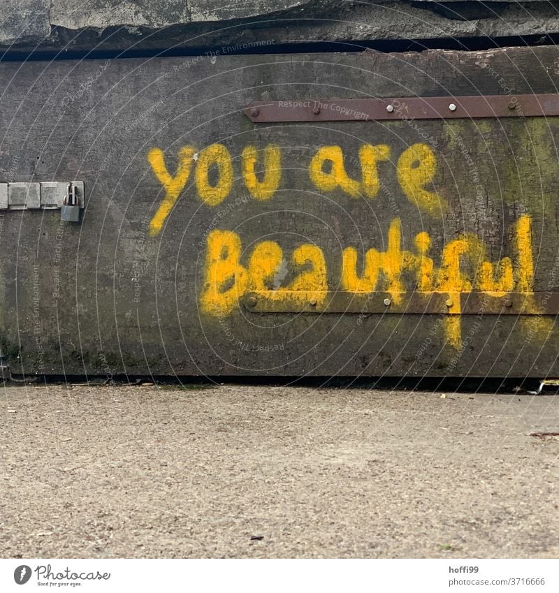 You are beautiful - you are beautiful Graffiti embassy Wall (building) Remark Meaningful Characters Sign Daub Facade Text Day Letters (alphabet) Subculture