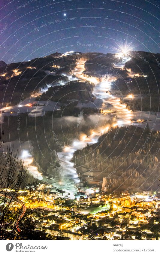 Anticipation | to the winter season. Snowing the Planai at night Night sky Long exposure Starry sky Artificial snow Snowmaking Starlit Deep depth of field