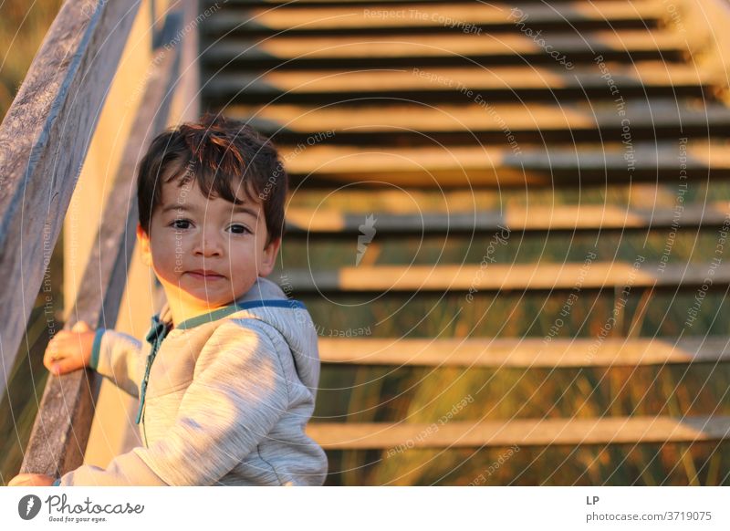 cute child on wooden stairs Boy (child) Stairs Movement lifestyles outdoors Leisure and hobbies Exterior shot Playing Followers Follow-up Faith & Religion