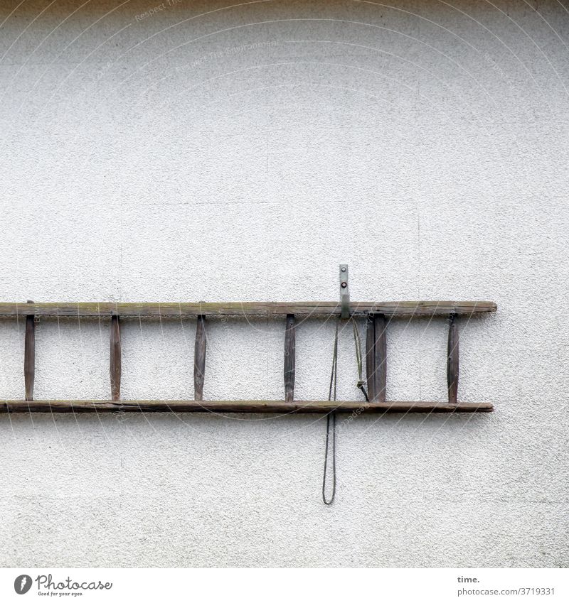 Interfaces of everyday life (9) Wall (barrier) Wall (building) Ladder sprout rung ladder Dry Inspiration wood hang level Rope Band Suspension suspension device