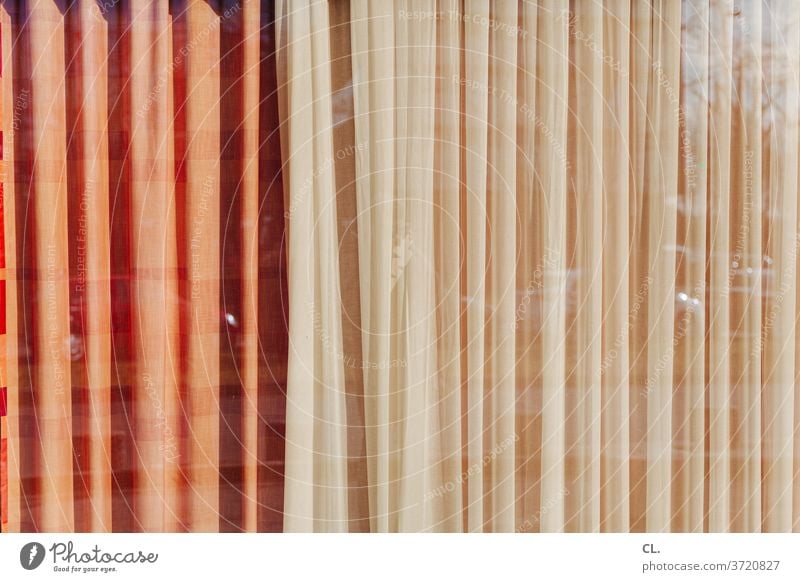 Curtain closed Drape Screening Private sphere Decoration Structures and shapes Reflection Window Window pane Abstract Cloth Pattern Deserted Colour photo