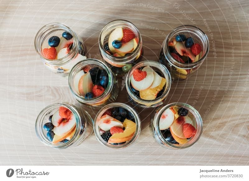 fresh fruit in jars Fresh Glass Glazier Raspberry Peach Blueberry blueberries Table cake Nectarine Sliced Food Delicious Nutrition Healthy Eating