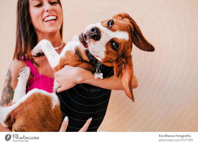 happy young woman outdoors having fun with beagle dog. Family and lifestyle concept. yellow background city love hug urban adult adventure affection beautiful