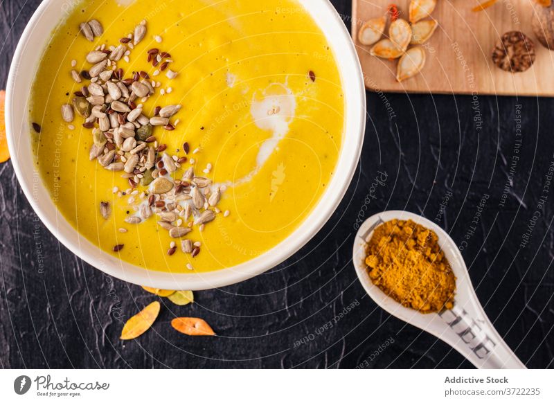 Closeup of a delicious pumpkin cream Bowl Color Cuisine Directly above Dish Dry leaves Gastronomy Healthy food Homemade Horizontal Indoor Meal No people Nutmeg