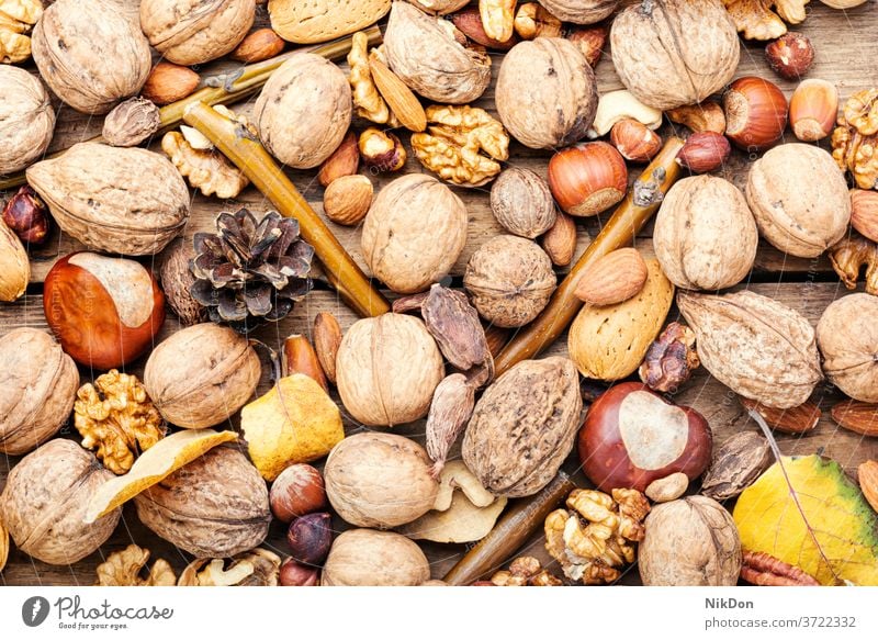 Mix nuts close up almond hazelnut pecan cashew peanut walnut seed set snack mix brown fruit mixed vegetarian natural assorted fall nuts background