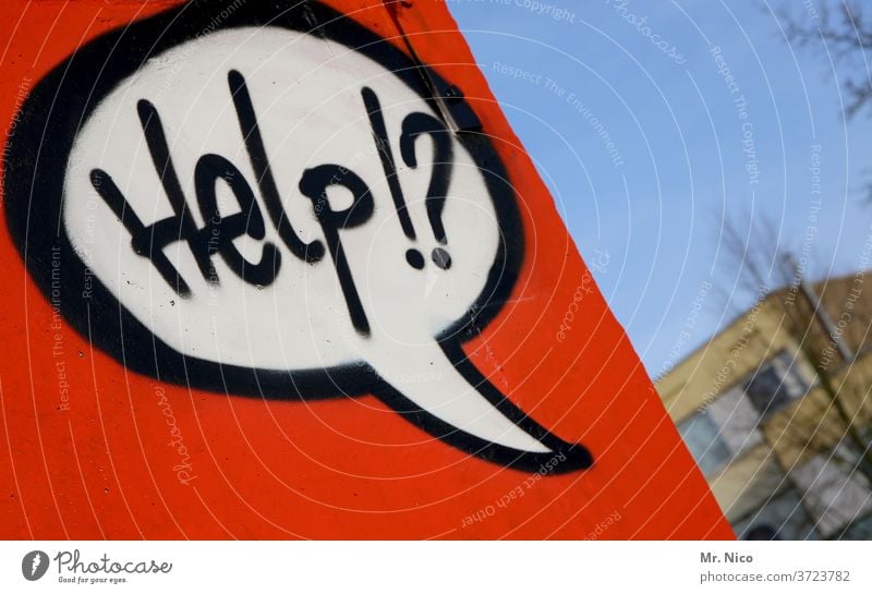 Help !? Seeking help Cry for help Speech bubble Graffiti Red built Wall (barrier) Wall (building) Characters Facade Sky silent message Letters (alphabet)