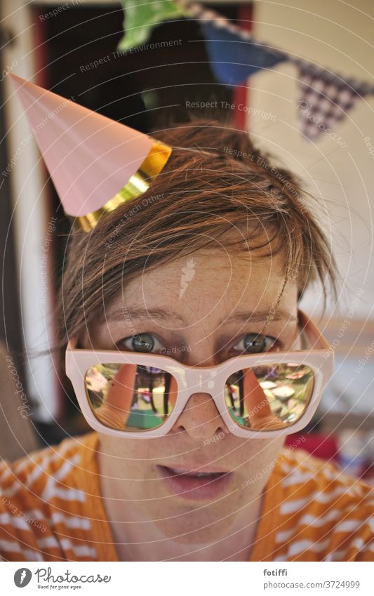 Partytime | Woman with party hat and mirror glasses Eyeglasses celebration Sunglasses Festive fun youthful Happy Pink celebrations Birthday reflection Cheerful